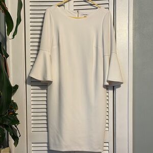 Calvin Klein White Knee-Length Sheath Dress with 3/4 Bell Sleeves